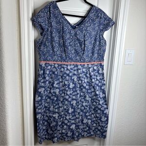 Boden Blue Mixed-Print V-Neck Midi Dress with Coral Trim